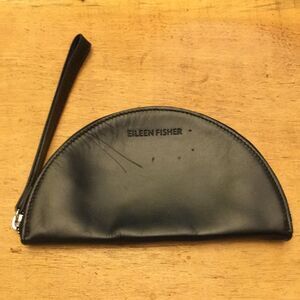 Eileen Fisher Black Leather Half Moon Pouch Cosmetics Case wristlet